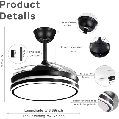 42 in. Black Retractable Ceiling Fan with Light and Remote Control for Bedroom Living Room Dining Room, Designer Fans