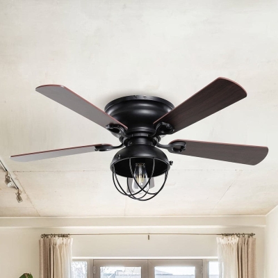 42 in. Rustic 5-Blade Flush Mount Ceiling Fan with Light Kit Remote, Low Profile Matte Black Ceiling Fan