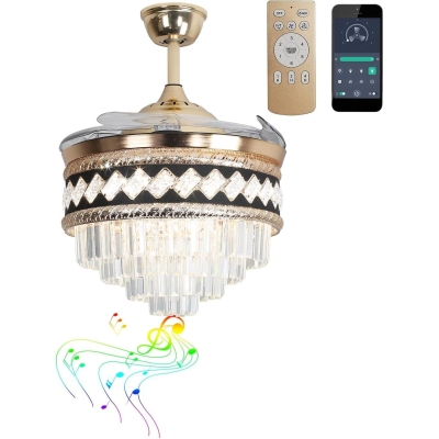 42 in. Crystal Smart Gold Ceiling Fan with Light Bluetooth Speaker, Retractable Fandelier Modern Ceiling Fan for Living Room Dining Room Foyer