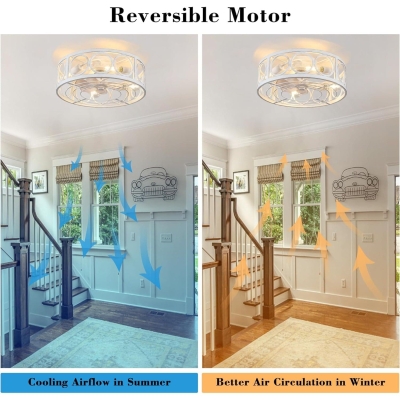 Caged Ceiling Fan with Remote, Bladeless Reversible Ceiling Fans, Flush Mount Low Profile Ceiling Fan, White Ceiling Fan for Bedroom Kitchen Dining Room