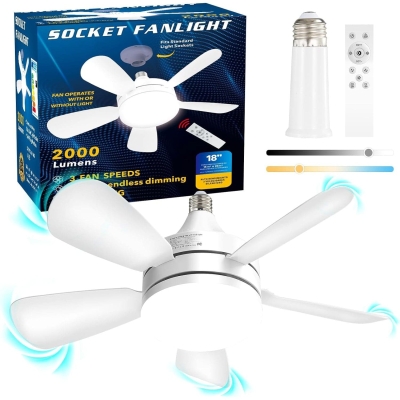 Socket Remote Control Ceiling Fan and Light, Dimmable Small Ceiling Fan for Bedroom Kitchen, Garage Ceiling Fan