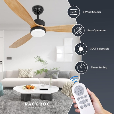 52 in. Matte Black Wood Ceiling Fan with Lights and Remote, Modern Ceiling Fan with Light, 3 Natural Solid Wood Blades, Reversible Quiet Ceiling Fans