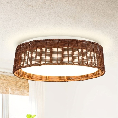 Round LED Flush Mount Ceiling Light with Rattan Shade