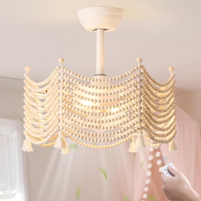 20 in. Boho Wood Beaded Ceiling Fan with Light, White Caged Coastal Ceiling Fans Fandelier with Light for Kitchen Living Room Bedroom Girl's Room