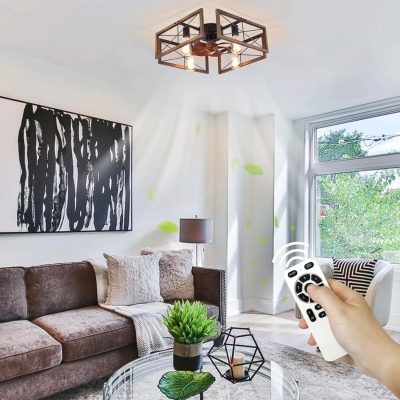 20 in. Farmhouse Caged Flush Mount Ceiling Fan with Light and Remote Control, Rustic Industrial Low Profile Ceiling Fans for Bedroom Living Room Kitchen