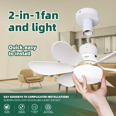 White Socket Fan Light with Remote, Screw In Small Ceiling Fan with Light, Cordless Light Socket Fan, Dimmable LED Ceiling Fan for Garages and Small Rooms