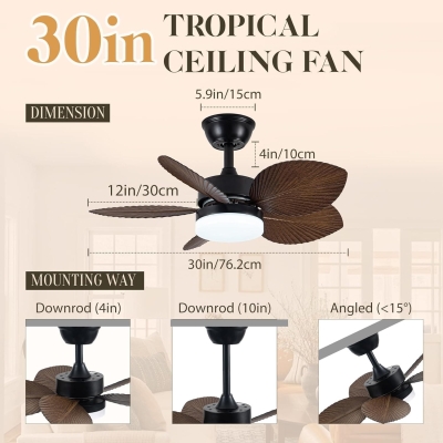 30 in. Tropical Ceiling Fans with Lights, Palm Leaf Ceiling Fan with Remote, Flush Mount Low Profile Ceiling Fan for Bedroom Kitchen Living Room