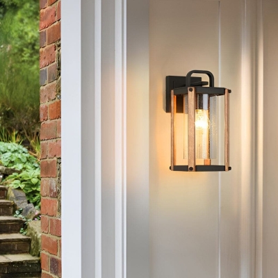 Durable Die-Cast Aluminum Outdoor Wall Light with Wood Grain Iron Stand and High Transmittance Glass Lampshade for a Warm, Classy Ambiance