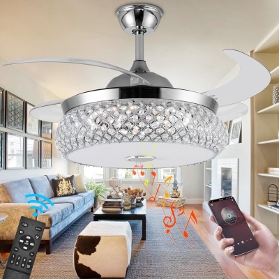 42 in. Invisible Ceiling Fan Chandelier with Light and Bluetooth Speaker, Crystal Ceiling Fan with Remote Control, Retractable Bedroom Ceiling Fans