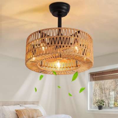 18 in. Woven Rattan Ceiling Fan with Lights, Boho Caged Ceiling Fan, Farmhouse Low Profile Fandelier for Bedroom Kitchen Living Room