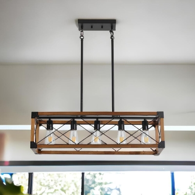 5-Light Kitchen Island Pendant, Hanging Light Fixture, Wood Black Pendant Lights for Living Room Dining Room