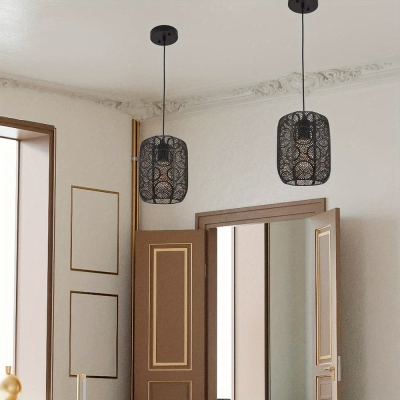 Set of 2 Black Hollow Lantern Pendant Light, Vintage Farmhouse Retro Pendant Lighting for Kitchen Island Dining Room Bedroom Hallway