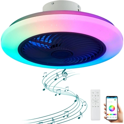RGB Bladeless Ceiling Fan with Remote, Modern White Low Profile Flush Mount Ceiling Fan with Bluetooth Speaker for Bedroom Living Room Kids Room