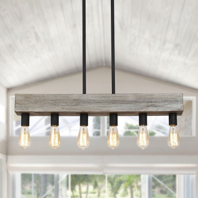 6-Light Antique Linear Wooden Island Pendant Light Fixture, Farmhouse Rectangle Ceiling Light for Dining Room Living Room