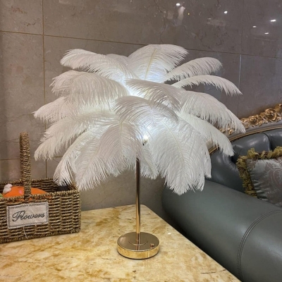 White Feather Table Lamp with Gold Metal Base, Dimmable Touch Table Lamp Nightstand Lamp, Desk Night Light