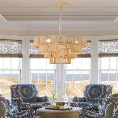 6-Light Bohemian Rattan Woven Pendant Light, 4-Tier Large Round Pendant Light Chandelier