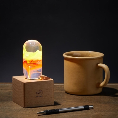 Red and White Capsule-Shaped EP Light LED Table Lamp with Vintage Square Wooden Base for Holiday Gift Festival Decor