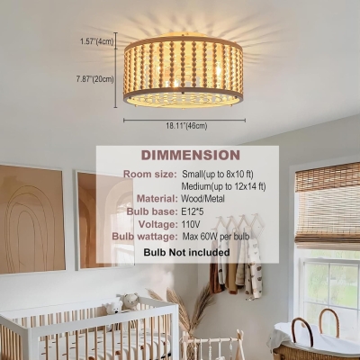 18 in. Wood Beads Flush Mount Fandelier, White Boho Ceiling Fan with Light and Remote, Reversible Low Profile Caged Ceiling Fan Chandelier for Kids Room