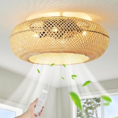 20 in. Boho Bamboo Caged Flush Mount Ceiling Fan with Lights and Remote, Small Enclosed Fandelier for Bedroom Kitchen Living Room, Decorative Ceiling Fans