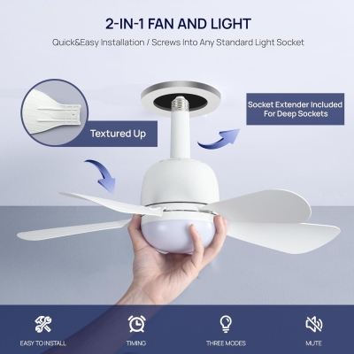 20 in. Ceiling Fans with Lights and Remote, White Socket Fan Light, Quiet Light Socket Fan for Kitchen Bedroom, Garage Ceiling Fan