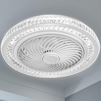 20 in. Modern Dimmable Enclosed Ceiling Fan Chandelier, White Crystal Flush Mount Bladeless Ceiling Fan, Low Profile Reversible Ceiling Fan for Small Place