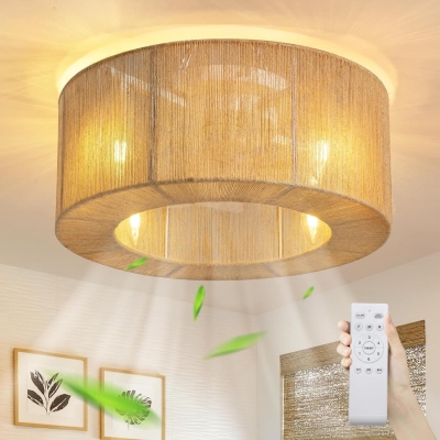 Flush Mount Low Profile Rattan Ceiling Fan with Light, Caged Bladeless Ceiling Fan with Remote, Boho Fandelier for Bedroom Kitchen Bathroom Living Room