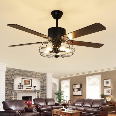 52 in. Caged Farmhouse Industrial Ceiling Fans with Light and Remote, Black Rustic Fan Light Fixture for Bedroom Living Room Dining Room