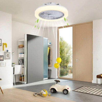 White Modern Flush Mount Ceiling Fan with LED Lights and Remote Control, Dimming, Small Bladeless Low Profile Ceiling Fans for Bedroom Living Room Kitchen