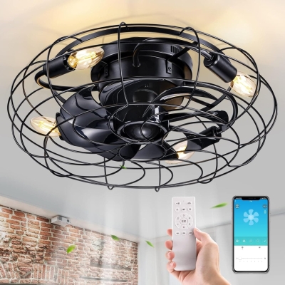 18 in. Small Caged Flush Mount Remote Control Ceiling Fan and Light, Black Low Profile Bladeless Rustic Fan for Bedroom Kitchen Dining Room