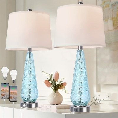 Set of 2 Modern Table Lamp  Bedside Lamp with Blue Glass Base White Fabric Shade, Dimmable Touch Table Lamp with USB Port for Living Room Bedroom