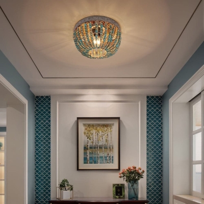 Bohemia Style Dome-Shaped Wood Beaded Teal Flush Mount Ceiling Light for Bedroom Dining Room Hallway Entryway
