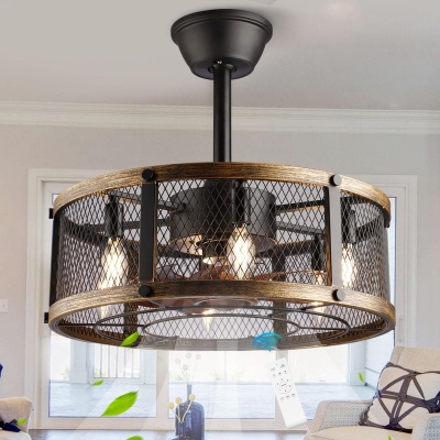 Farmhouse Small Caged Fandelier Ceiling Fan with Light and Remote, Rustic Bladeless Ceiling Fan with Low Profile Light for Kitchen Living Room