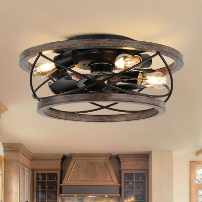Farmhouse Drum Shape Wood Flush Mount Ceiling Fan with Light, French Country Ceiling Fan for Kitchen Island Dining Room Bedroom