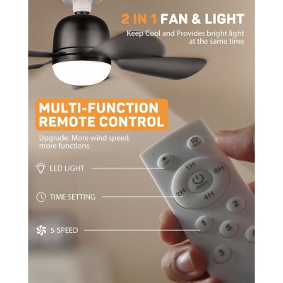 20 in. Black Ceiling Fan with Lights and Remote, Dimmable Light Socket Fan, Small Ceiling Fan for Bedroom Kitchen, Garage Ceiling Fan