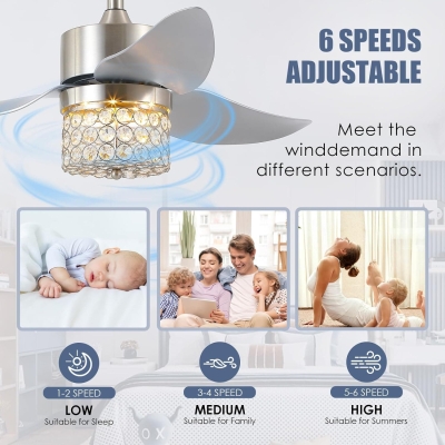 Brush Nickel Crystal Ceiling Fan with Lights and Remote, Modern Contemporary LED Dimming Reversible Low Profile Ceiling Fan for Bedroom Living Room