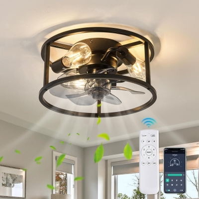 Flush Mount Remote Control Ceiling Fan and Light, Black Caged Low Profile Ceiling Fan, Metal Blade Fan for Dining Room Bedroom Kitchen Living Room