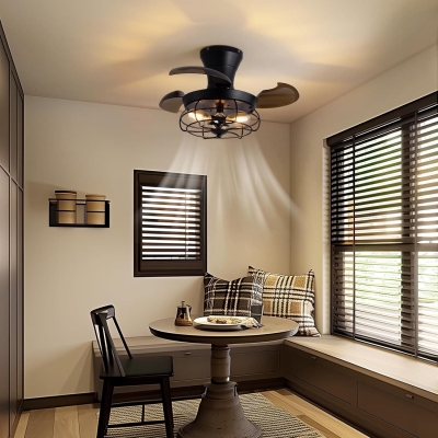 22 in. Caged Retractable Ceiling Fan with Lights and Remote, Black Small Farmhouse Low Profile Flush Mount Ceiling Fan for Bedroom Living Room Kitchen