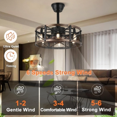 19 in. Farmhouse Ceiling Fan with Light, Small Caged Ceiling Fandelier for Bedroom, Black Bladeless Low Profile Enclosed Ceiling Fan