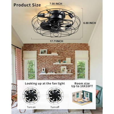 Small Enclosed Caged Ceiling Fan with Light and Remote, Black Vintage Industrial Flush Mount Ceiling Fan Light Fixture for Bedroom Living Room Dining Room