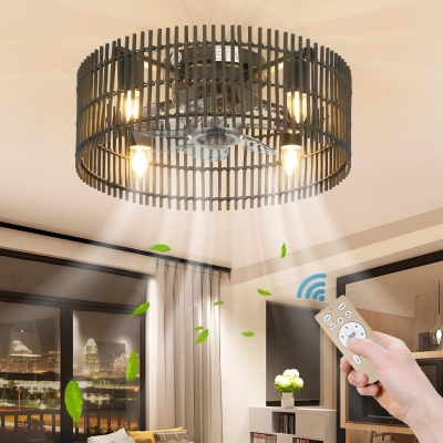 18 in. Boho Caged Ceiling Fan with Light and Remote, Flush Mount Low Profile Enclosed Rattan Ceiling Fan, Farmhouse Ceiling Fan for Bedroom Kitchen