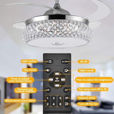 42 in. Invisible Ceiling Fan Chandelier with Light and Bluetooth Speaker, Crystal Ceiling Fan with Remote Control, Retractable Bedroom Ceiling Fans
