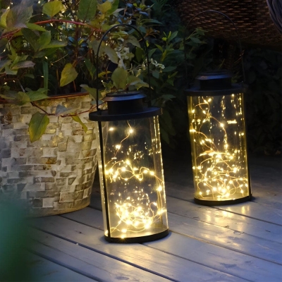 Retro Portable Solar Lanterns with 50 LED Lights, Durable Black Aluminum and Clear Glass for Outdoor Decor, Hang or Place Anywhere