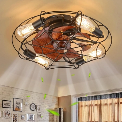 20 in. Black Caged Bladeless Ceiling Fan with Light and Remote, Small Reversible Flush Mount Low Profile Industrial Ceiling Fan Light Fixture