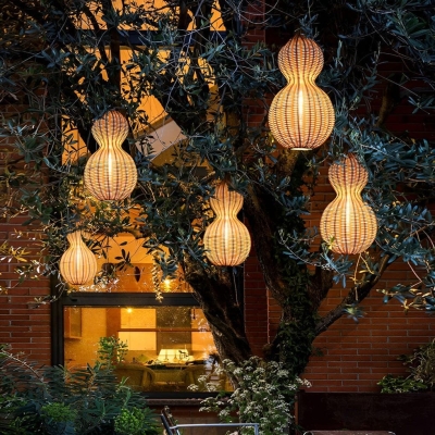 Rustic Gourd Shaped Outdoor Hanging Lights, Waterproof IP65 Rubber Rattan &amp; Stainless Steel Chandelier for Garden, Courtyard, Villa Decor