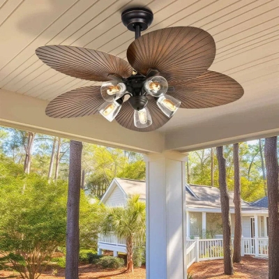 52 in. Tropical Fanlight with Light Kit, Palm Leaf Ceiling Fan with Remote for Living Room Bedroom Porch