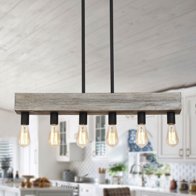 6-Light Antique Linear Wooden Island Pendant Light Fixture, Farmhouse Rectangle Ceiling Light for Dining Room Living Room