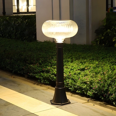 Durable Metal and Acrylic Solar-Powered LED Outdoor Bollard Light with Transparent Oval Lampshade, Modern Black Finish for Garden, Courtyard, Lawn