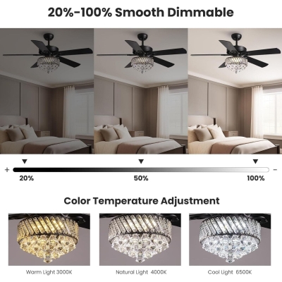 52 in. Black Crystal Ceiling Fan with Light, Modern LED Black Fandelier for Bedroom, Remote Control Fan with APP Control for Living Room Dining Room