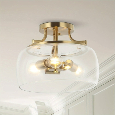 3-Light Dome Shaped Glass Semi Flush Mount Light, Gold Semi Flush Mount Light