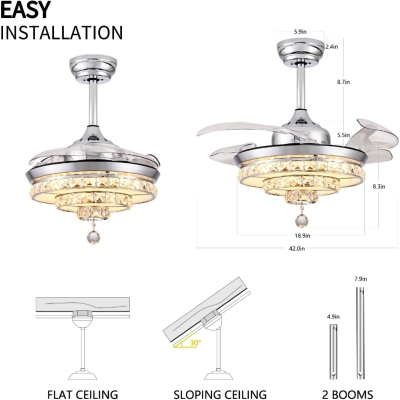 42 in. Remote Control Ceiling Fan and Light, Crystal Fandelier Chandelier Fan